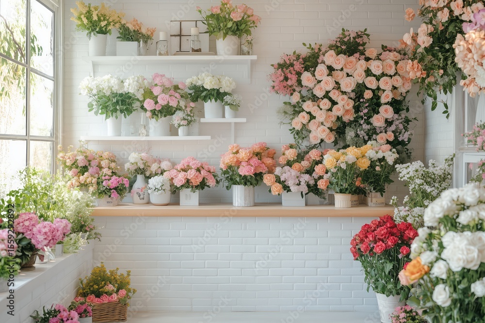 Naklejka premium Bright pastel colors fill the kitchen where flowers are arranged neatly on a countertop and shelves. Beautiful blooms create a cheerful atmosphere in this inviting workspace