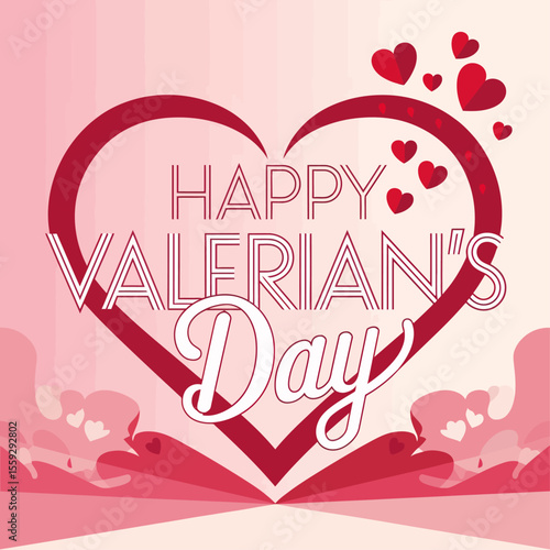 "Happy Valerian's Day" message in decorative fonts placed inside a bold red heart outline, with floating hearts and floral accents on a pink gradient background, celebrating love and affection.

