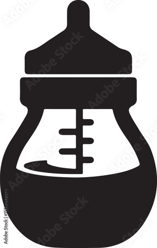 Simplified black and white illustration of a classic baby bottle with a clearly defined nipple and measurement indicators