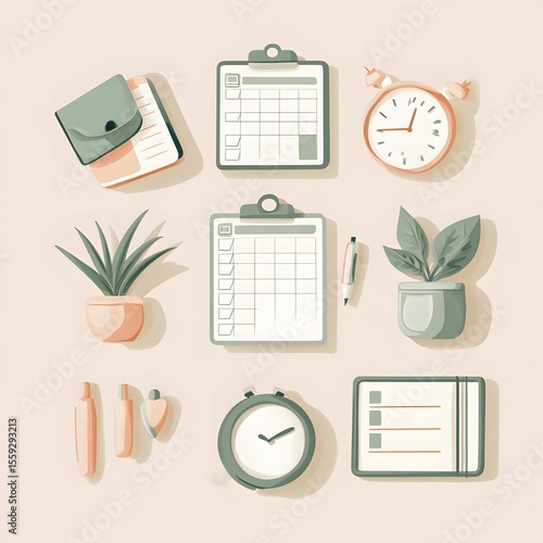 Flat illustration of organized workspace with planner, checklists, alarm clock, potted plants, and stationery items, creating a productive and inspiring environment for planning and productivity