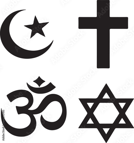 Symbolic representation of major religions with islamic crescent christian cross om symbol and star of david