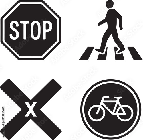 Collection of black and white traffic signs and symbols for road safety and transportation guidance