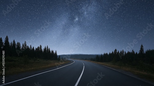 Asphalt road stretches into the distance under a starry night sky and trees.