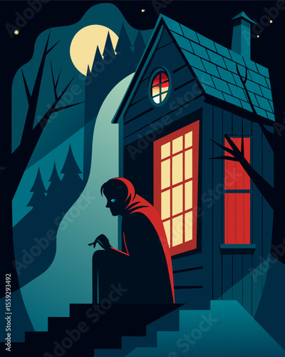 Alone in a creaky old house a person hears a haunting whisper from the darkness chilling them to their core.. Vector illustration