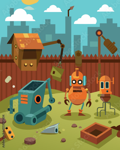A backyard littered with rusty and broken down robots and automation tools no longer needed or functioning.. Vector illustration