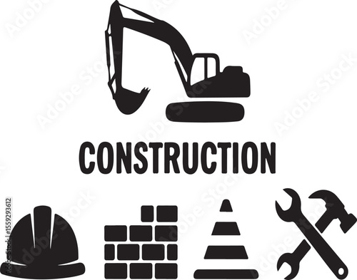 Wallpaper Mural Black construction icons with an excavator and various building tools on a white background Torontodigital.ca