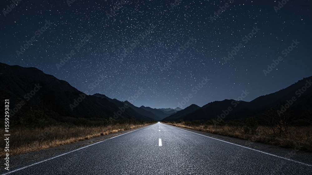 Fototapeta premium Asphalt road stretches into the distance under a starry night sky and mountains.