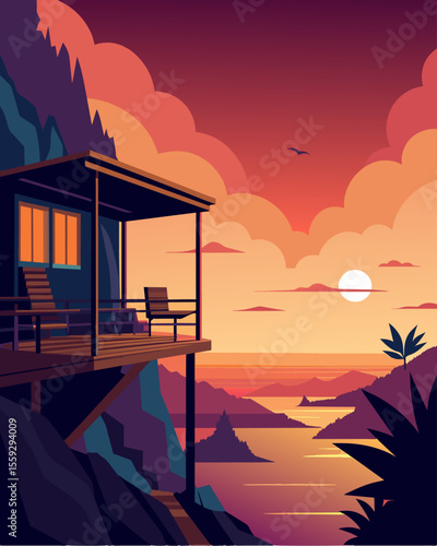 Pictureperfect sunsets from the patio of a bamboo cabin on the edge of a cliff giving a whole new meaning to the term office with a view.. Vector illustration