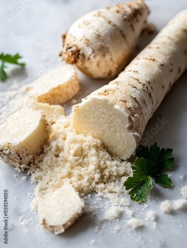 Fresh horseradish root, grated and sliced, is displayed on a marble surface with green parsley leaves, showcasing its texture and culinary potential in food preparation