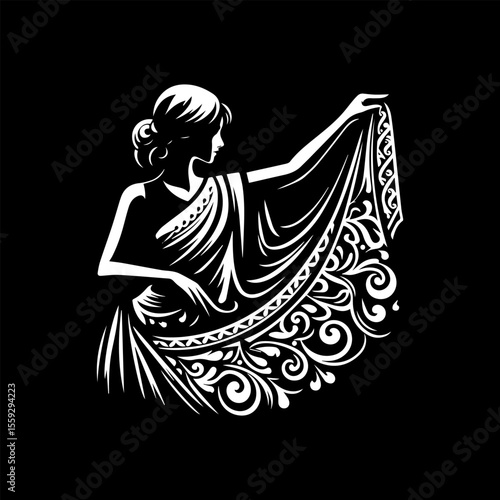 Silhouette of a woman in traditional attire, holding up a decorative fabric.