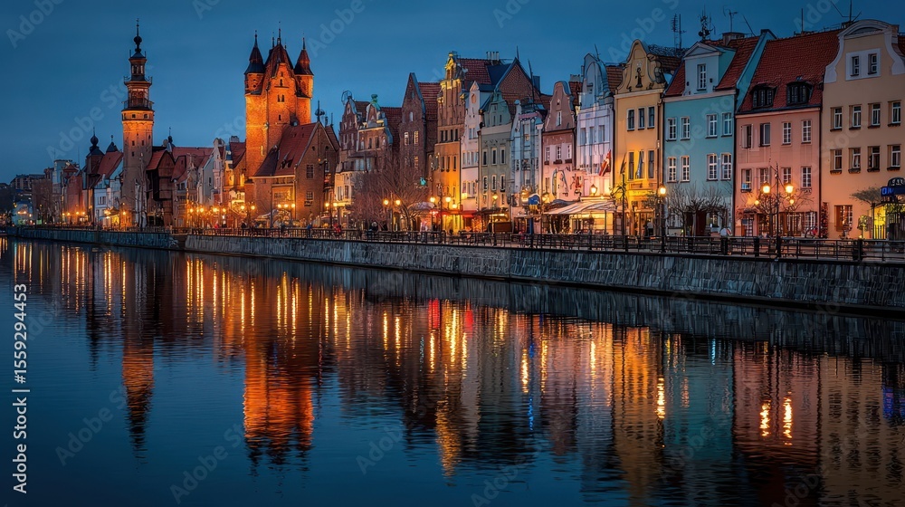 Obraz premium Picturesque cityscape reflecting in Motlawa River during blue hour in Gdansk, Poland