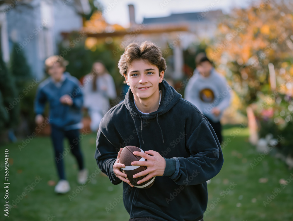 Fototapeta premium Young male athlete in black hoodie is running on green grass while holding an American football, with friends playing in the background, showcasing outdoor sports and teamwork