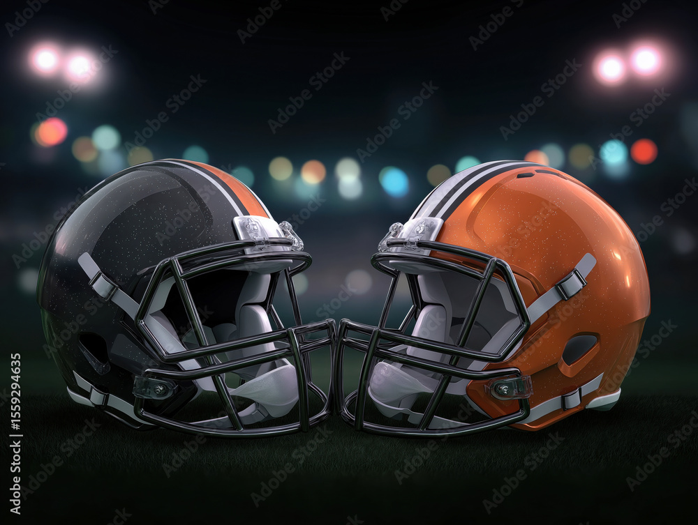 Fototapeta premium Two American football helmets, one black and one orange, positioned face to face on a grassy field, illuminated by bright stadium lights, symbolizing competition and teamwork in sports