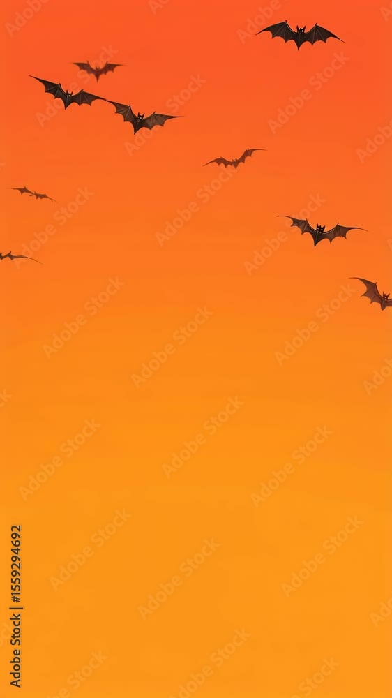 Halloween bats fly across the orange sunset sky creating a spooky scene. Halloween bats fly across the orange sunset sky creating a spooky scene.