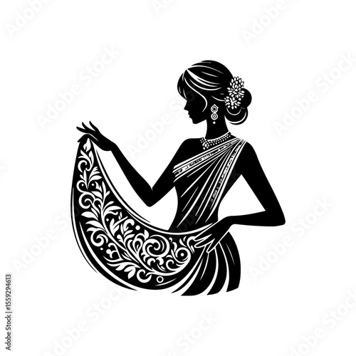Silhouette of a woman in traditional Indian attire, holding a patterned shawl or saree. Elegant jewelry adorns her neck and hair.
