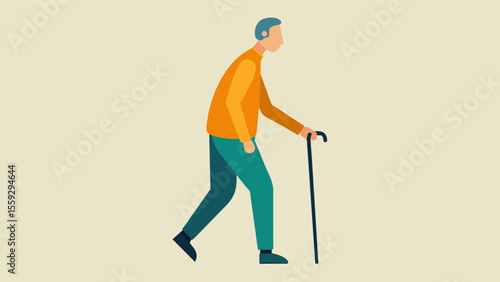 The walking stick is a crucial tool for this man who struggles with Parkinsons disease as it helps him maintain his balance and mobility on daily walks through the park.. Vector illustration
