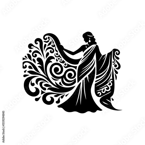 Elegant silhouette of a woman gracefully draped in a richly patterned saree, adorned with ornate floral designs.