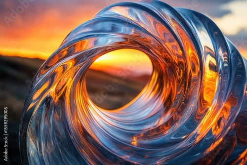A spiraling clear structure reflects a vibrant sunset, creating an abstract and captivating visual with warm and cool tones.