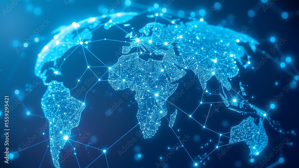Obraz premium Global Network Connection - Abstract World Map Digital Technology Background for Science, Communications, or Business Concepts