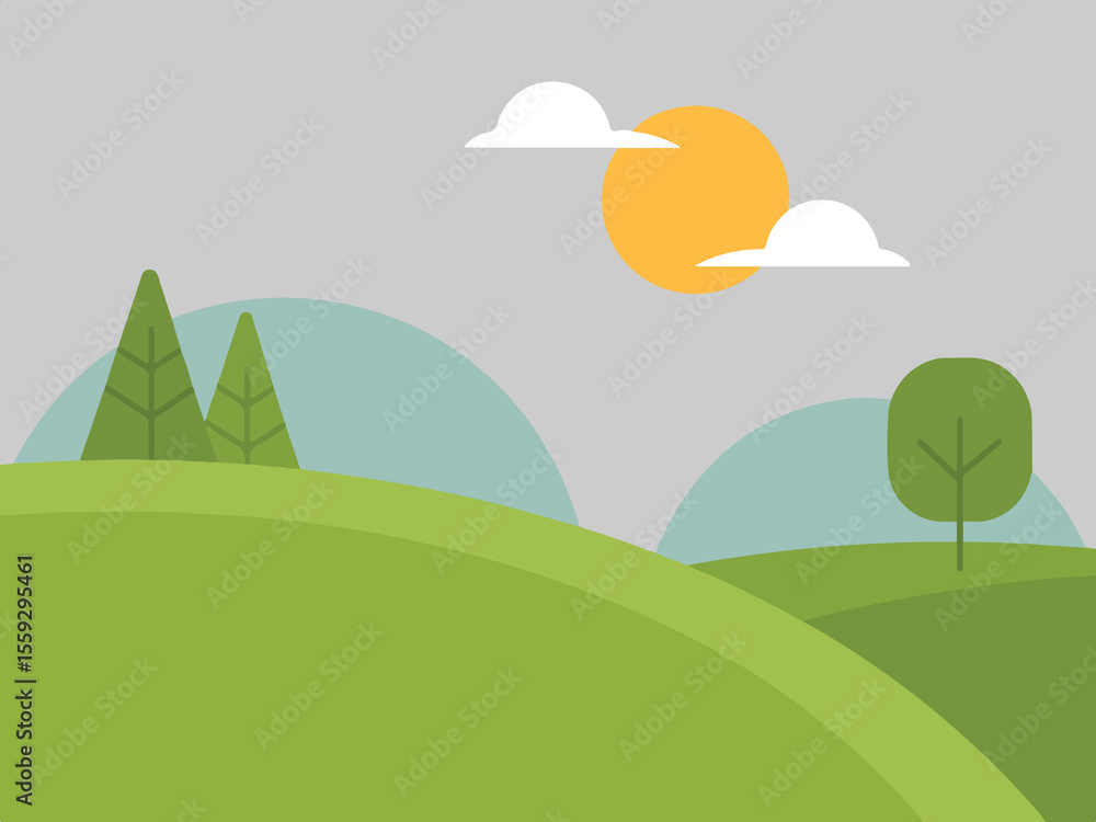 Fototapeta premium Stylized flat landscape with rolling green hills trees sun and clouds