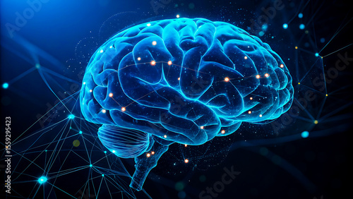 Glowing blue digital brain with interconnected neural network nodes and glowing orange lights on a dark background