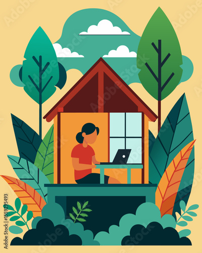 Enjoy the best of both worlds by being able to work efficiently and simultaneously soak in the peacefulness of a naturefilled vacation home.. Vector illustration