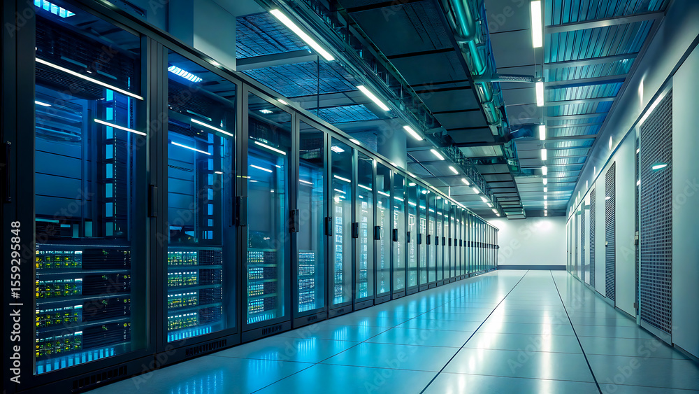 Fototapeta premium Data center hallway with rows of glowing server racks behind glass doors and overhead lighting. data, center, server, technology