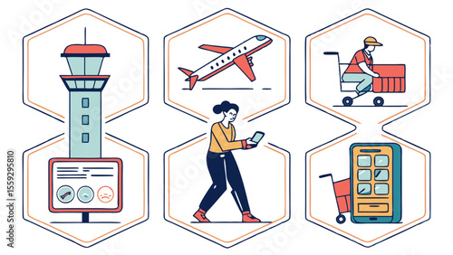 Airport Icons Control Tower Airplane Passengers and Mobile App.