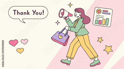 Cartoon Woman with Megaphone Shopping Bag and Thank You Speech Bubble.
