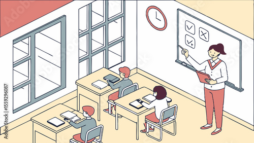 Classroom Scene Depicting Teacher and Students During Lesson.