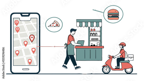 Food delivery service illustration with smartphone vendor and delivery person.