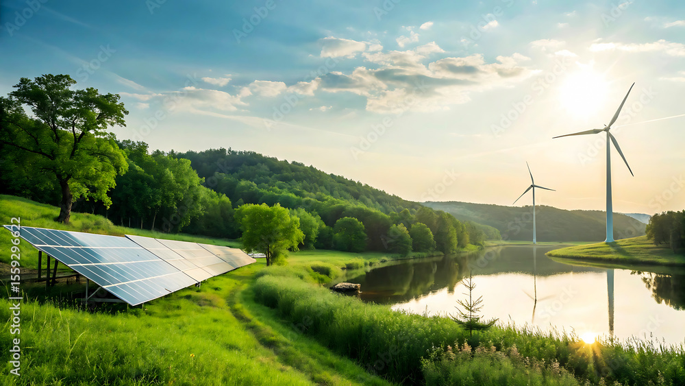 Obraz premium Renewable energy landscape with solar panels and wind turbines near a tranquil lake at sunrise, solar, panels, wind, turbines, renewable, energy