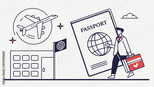 Illustrated travel scene with passport airplane airport and traveler.