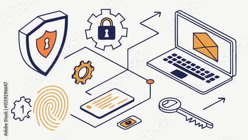 Isometric Cyber Security Elements Shield Laptop Key Phone and Fingerprint.