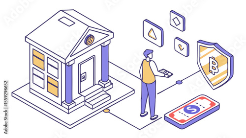 Isometric Illustration of a Bank Transaction with Cryptocurrency.