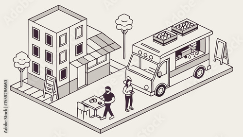 Isometric Illustration of a Food Truck and Customers in a City.