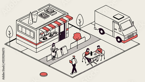 Isometric Illustration of a Food Truck and Outdoor Cafe Scene.
