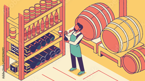 Isometric illustration of a sommelier in a wine cellar with barrels and bottles.