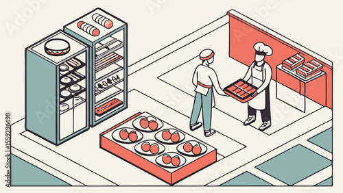 Isometric Illustration of Bakers Transferring Baked Goods in a Bakery.