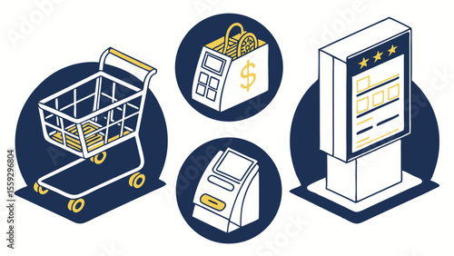 Isometric Illustrations of Shopping Cart Cash Register ATM and Digital Kiosk.