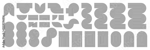 Concentric line art deco pattern. Curved japanese garden abstract zigzag, knot shape and circle spiral moon. Endless retro black eternity, geometric undulate zen arch art. Wavy organic graphic element