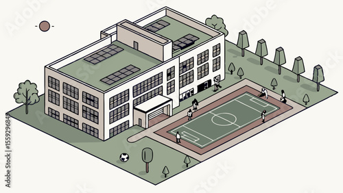 Isometric school building with solar panels and sports field illustration.