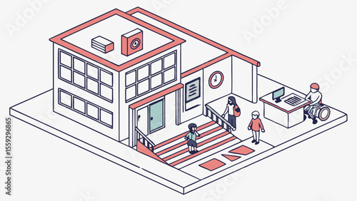 Isometric view of a building with people entering and a person in wheelchair.