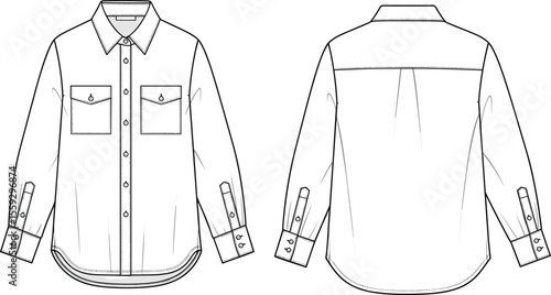 Shirt technical drawing, front and back view, fashion sketch, button-down shirt, chest pockets, long sleeves, cuff detail, yoke design, apparel template
