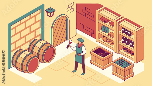 Isometric Wine Cellar Illustration with Sommelier Barrels and Shelves.