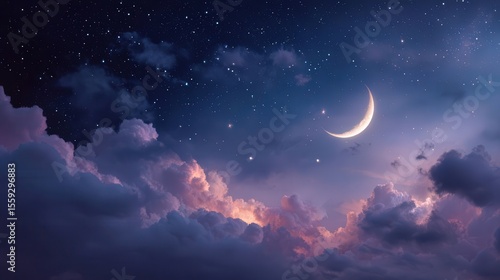 A stunning night sky featuring a crescent moon and twinkling stars, with soft clouds creating a dreamy backdrop. Ideal for Ramadan themes, with ample space for text.