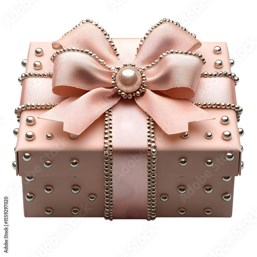 A birthday gift box with a bow made of satin ribbon, pearl embellishments, photorealistic, isolated on a white background