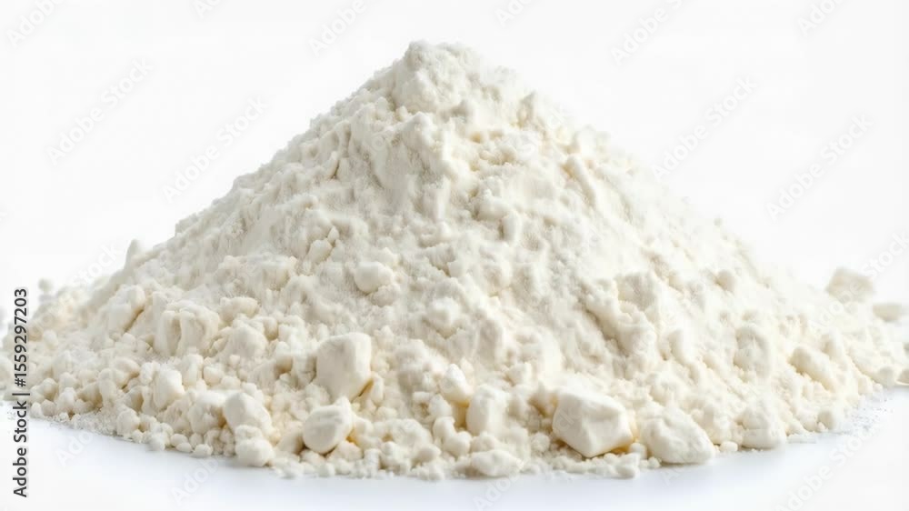 Pile of white flour in bright light, powdery substance for cooking, isolated on white background, ingredient for baking cakes or bread. Pile of white flour in bright light, powdery substance for cooking, isolated on white background, ingredient for baking cakes or bread.
