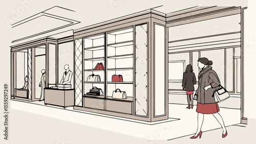 Shoppers and Staff in a HighEnd Clothing and Accessories Store Illustration.