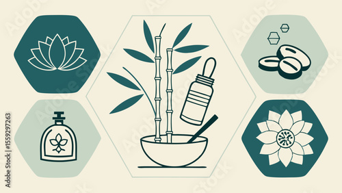 Spa and Wellness Icons Lotus Bamboo Oil and More.